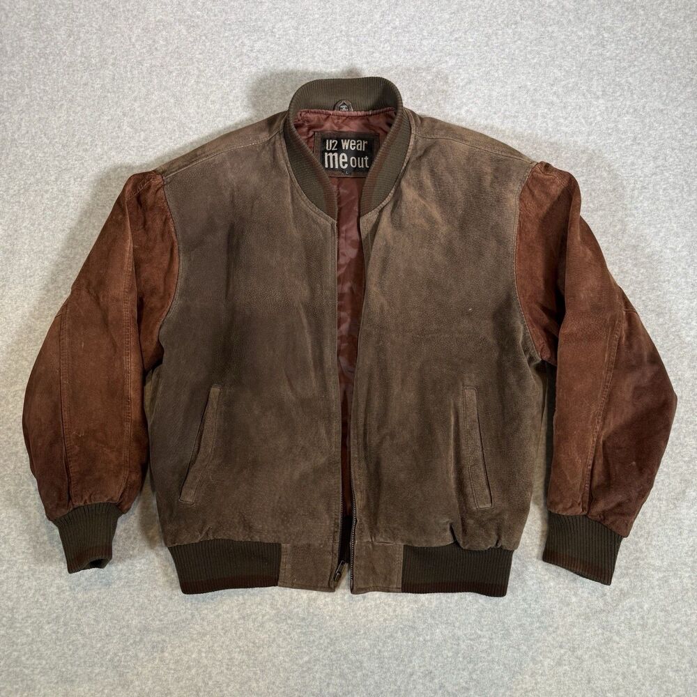 VTG 90s Leather Bomber Jacket U2 Wear Me Out Two Tone Brown Suede Mens XL Worn